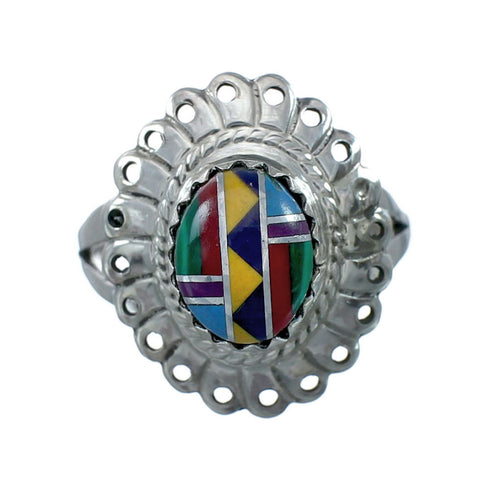 Southwestern Manmade Multicolor Inlay Sterling Silver Ring Size 7-1/4 JX130284